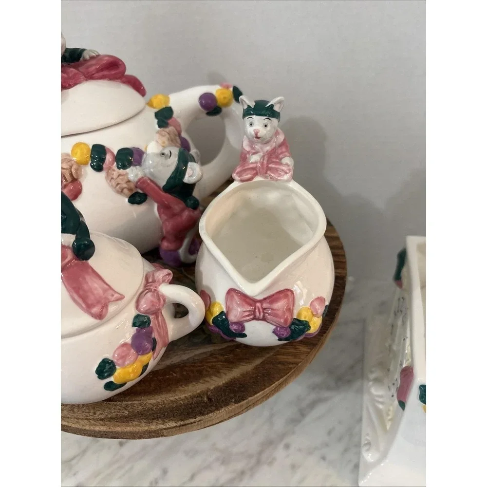 Cat Mouse Applause Inc 5 Pc Set Tea Pot Creamer Napkin Holder‎ Lids Clock Pink